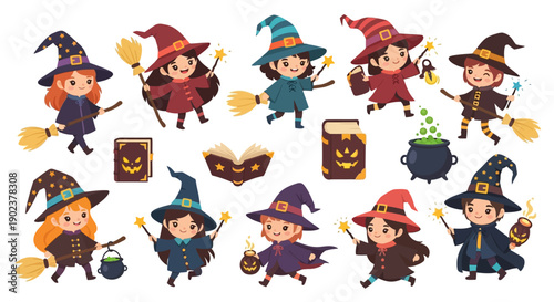 Cartoon witches and Halloween elements set on white background.