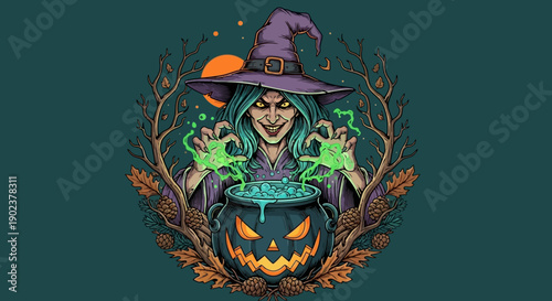 A cartoon witch conjuring green potion from a pumpkin cauldron surrounded by autumn leaves.