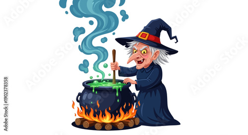 Cartoon witch stirring a bubbling green potion in a cauldron over flames.