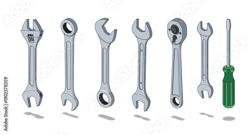 Set of wrenches and screwdriver on white background.