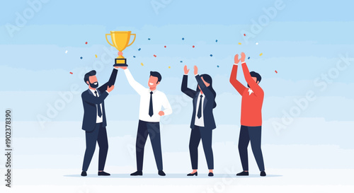 Business team celebrating success with trophy and confetti.