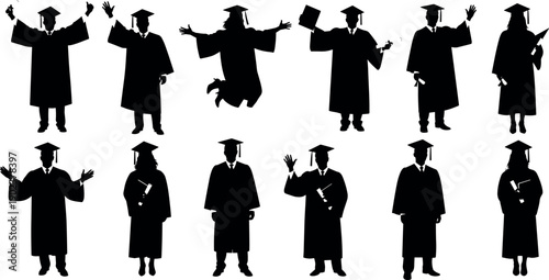 Collection of Silhouette Graduation Students Wearing Academic Caps and Gowns Holding Diplomas Celebrating Success at University Commencement Ceremony for Vector Illustration