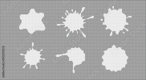 Black and white halftone pattern with abstract organic shapes and splatters dots