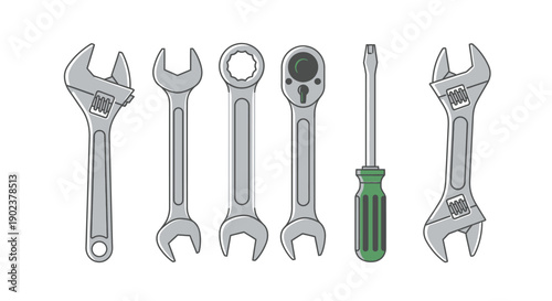 Set of wrenches and screwdriver tools for repair and maintenance.