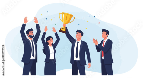 Business team celebrating success with trophy and confetti.