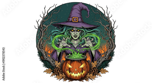 Halloween illustration of a witch surrounded by mystical elements and a pumpkin.