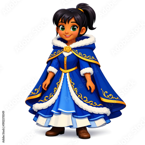 Winter girl with black hair in ponytail wears blue fur trimmed cape and dress with golden details