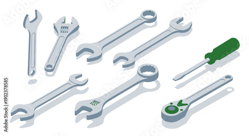 Set of wrenches and screwdrivers for repair and maintenance work.