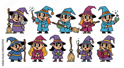 Cartoon witches set with various magical tools and attire.