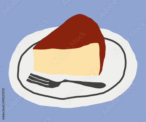 Slice of Basque cheesecake on a plate with a dessert fork. Flat style vector illustration with hand-drawn shapes and stylized proportions. Playful food illustration 