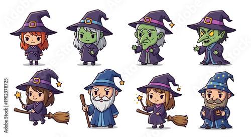 Cartoon witch and wizard characters with various accessories.
