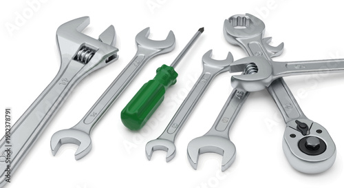 Assorted wrenches and screwdriver on white background.