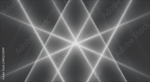 Black and white halftone pattern with radiating white lines and dots