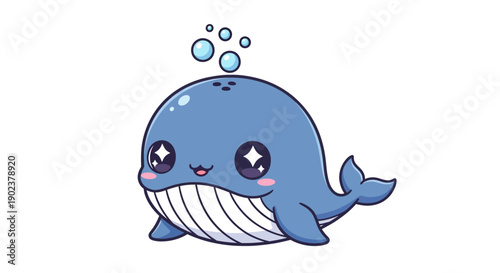 Cute cartoon blue whale character with bubbles on white background.