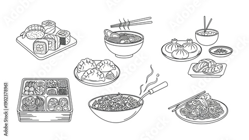 Culinary Diversity: An elegant monochrome line drawing showcases an array of delectable Asian dishes, from sushi and dumplings to stir-fry and noodles, celebrating culinary diversity.