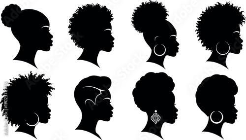 Set of African American woman silhouettes, beautiful black female profiles with natural afro hairstyles and earrings, vector illustrations isolated on white.