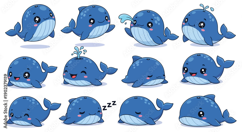 Fototapeta premium Cute cartoon whales with different facial expressions.