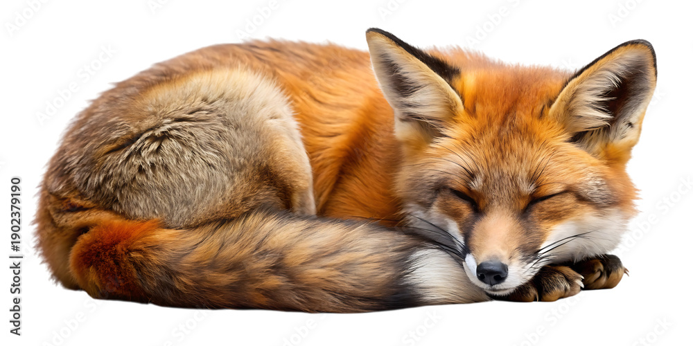Fototapeta premium Sleeping red fox curled up on white background isolated on a transparent background sleeping fox animal