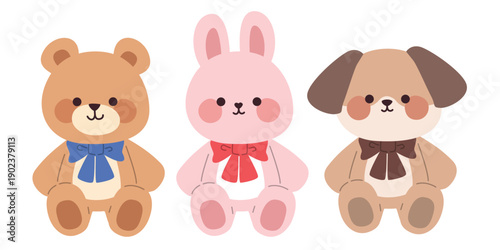 Cute plush toy animals vector illustration set