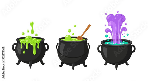 Three black cauldrons with bubbling green and purple potions.