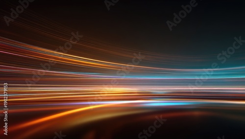 An abstract, dynamic digital artwork featuring flowing, vibrant lines of light in shades of orange, blue, and gold against a dark backdrop