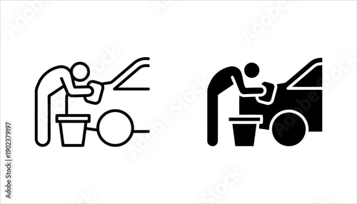 Car wash icons set outline and solid fill pictogram person cleaning auto with bucket and cloth