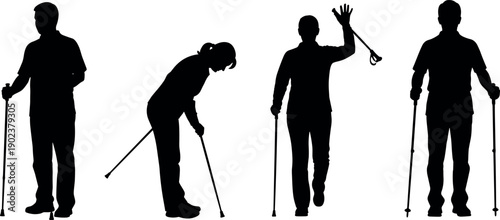 Silhouettes of Men and Women Using Trekking Poles for Nordic Walking, Hiking, and Outdoor Fitness Exercises on a White Background
