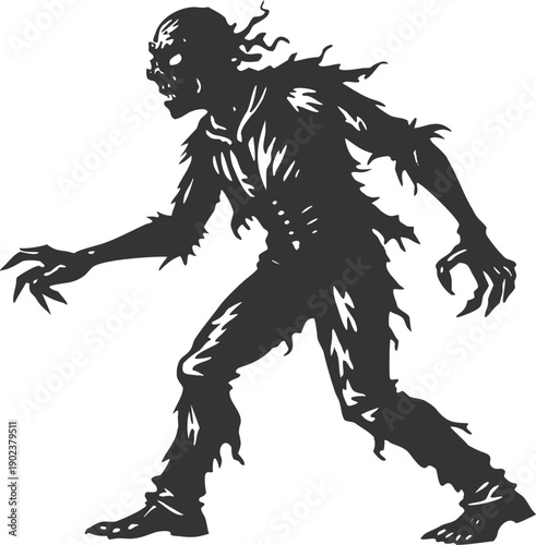 Silhouette zombie monster walking with terrifying claws and tattered clothes on white background, horror creature