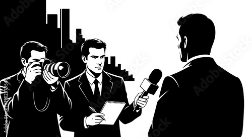 Press conference with journalist and photographer interviewing businessman