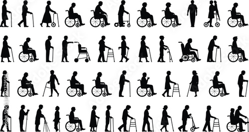 Silhouettes of elderly people using mobility aids such as walkers and wheelchairs in various positions