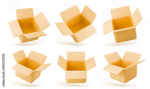 3D cardboard box icon set. Render delivery cargo box. 3d realistic vector
