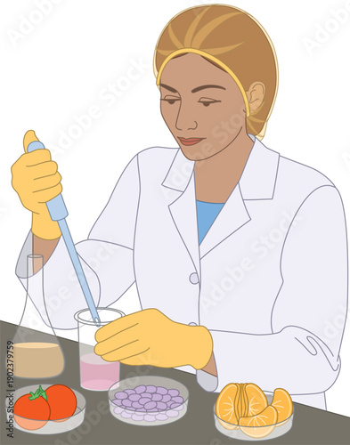 people food, male food technician or technologist inspecting quality control, wearing gloves and hairnet isolated on a white background
