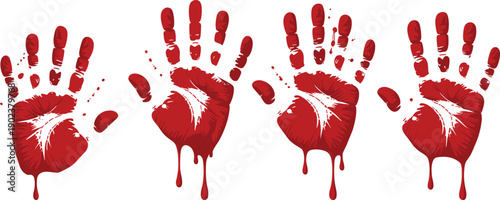 Bloody handprint splatter set vector, dripping red palm prints for horror, crime scene, Halloween designs, spooky posters, and thriller artwork