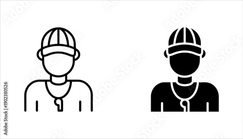 Coach wearing a cap and whistle icon for sports training and team management