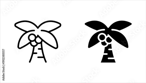 Coconut palm tree icon in outline and solid fill, tropical and beach theme