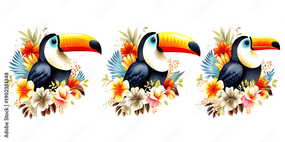 Naklejka premium Three colorful toucans with floral arrangements isolated on a transparent background birds flowers tropical