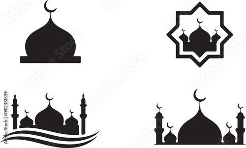 A set of black silhouette icons showcasing mosque designs and Islamic symbols