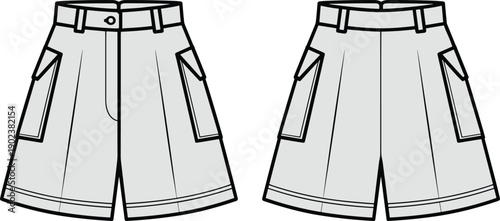 Men's cargo shorts flat technical vector illustration, front and back views, pocket flap details, belt loops, wide leg, sewing pattern for apparel design
