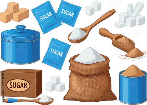 Large Vector Collection of White and Brown Sugar Products Including Cubes Packets Bowls Sacks and Wooden Spoons for Culinary Baking and Grocery Design