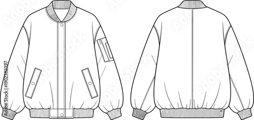 Men's oversized bomber jacket technical flat, front and back fashion vector template with ribbed cuffs, zip closure, pocket details for apparel design