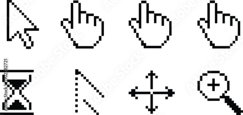 Pixel cursor icon set vector, retro mouse pointer, hand click, zoom, move arrows, hourglass interface symbols pack