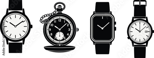 WebCollection of diverse wristwatch pocket watch and digital smartwatch silhouettes in black and white isolated vector illustration set for time management and fashion design