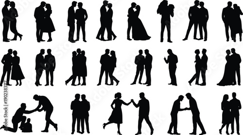 Silhouettes of people in various poses and interactions against a white background black