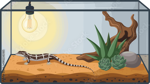 Reptile terrarium with leopard gecko habitat, desert vivarium scene with substrate, succulent plants, driftwood, basking light for pet care and education