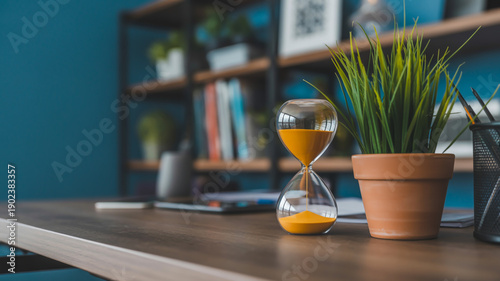 A wooden desk with a yellow sand hourglass and a potted green plant on a blue wall background