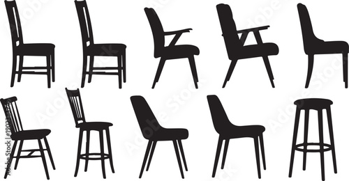 Set of 10 modern wooden chairs and bar stool flat design vector illustration isolated on white background