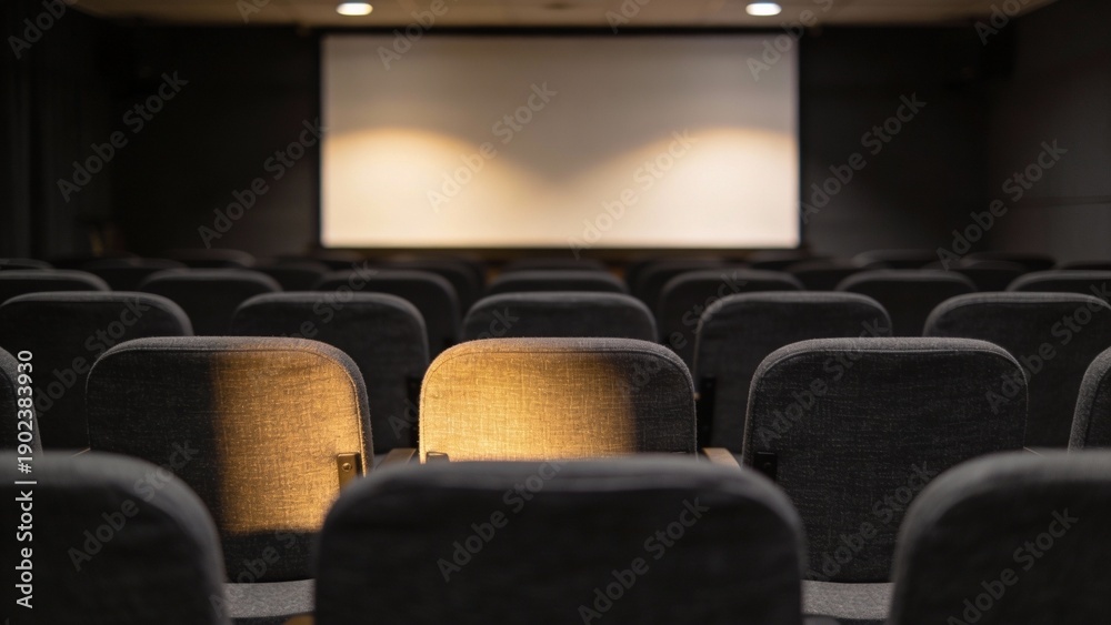 Obraz premium Empty cinema auditorium with rows of seats facing a glowing screen, quiet evening entertainment setting for movie premiere and festival screening, calm anticipation mood