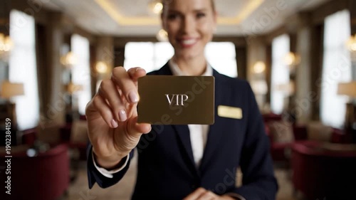 Smiling hotel concierge presenting a VIP card in a luxurious hotel lobby offering exclusive services and premium hospitality.
