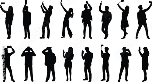 Silhouettes of people taking selfies and with smartphones in various poses on white background