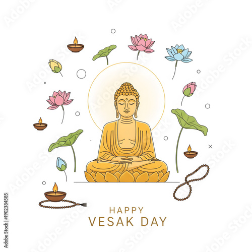 Happy Buddha Purnima Greeting Card with Buddha and Lotus Flowers